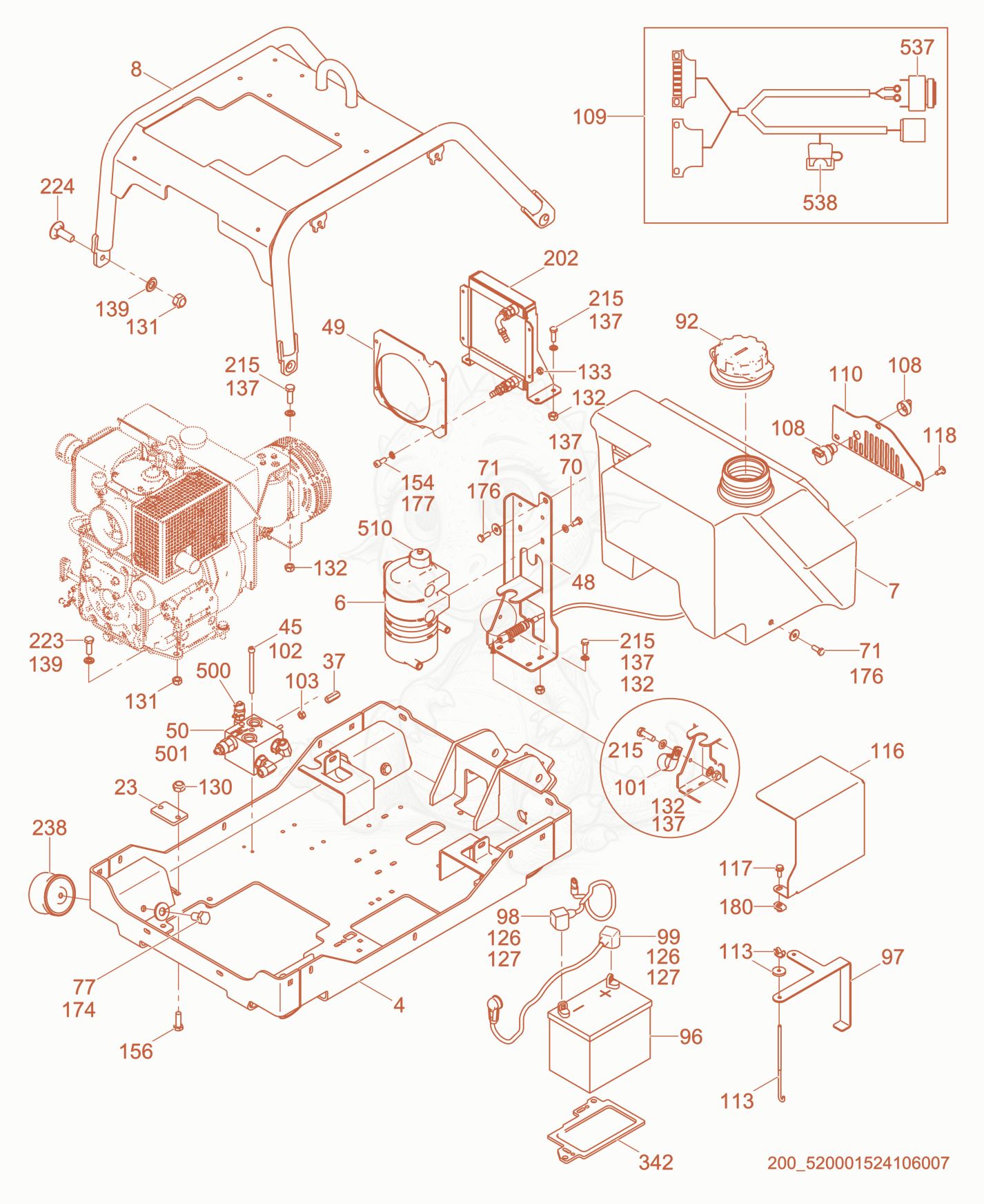 Exploded parts diagram of the Upper Frame cpl. of a Wacker Neuson RD7HE, with numbered balloons