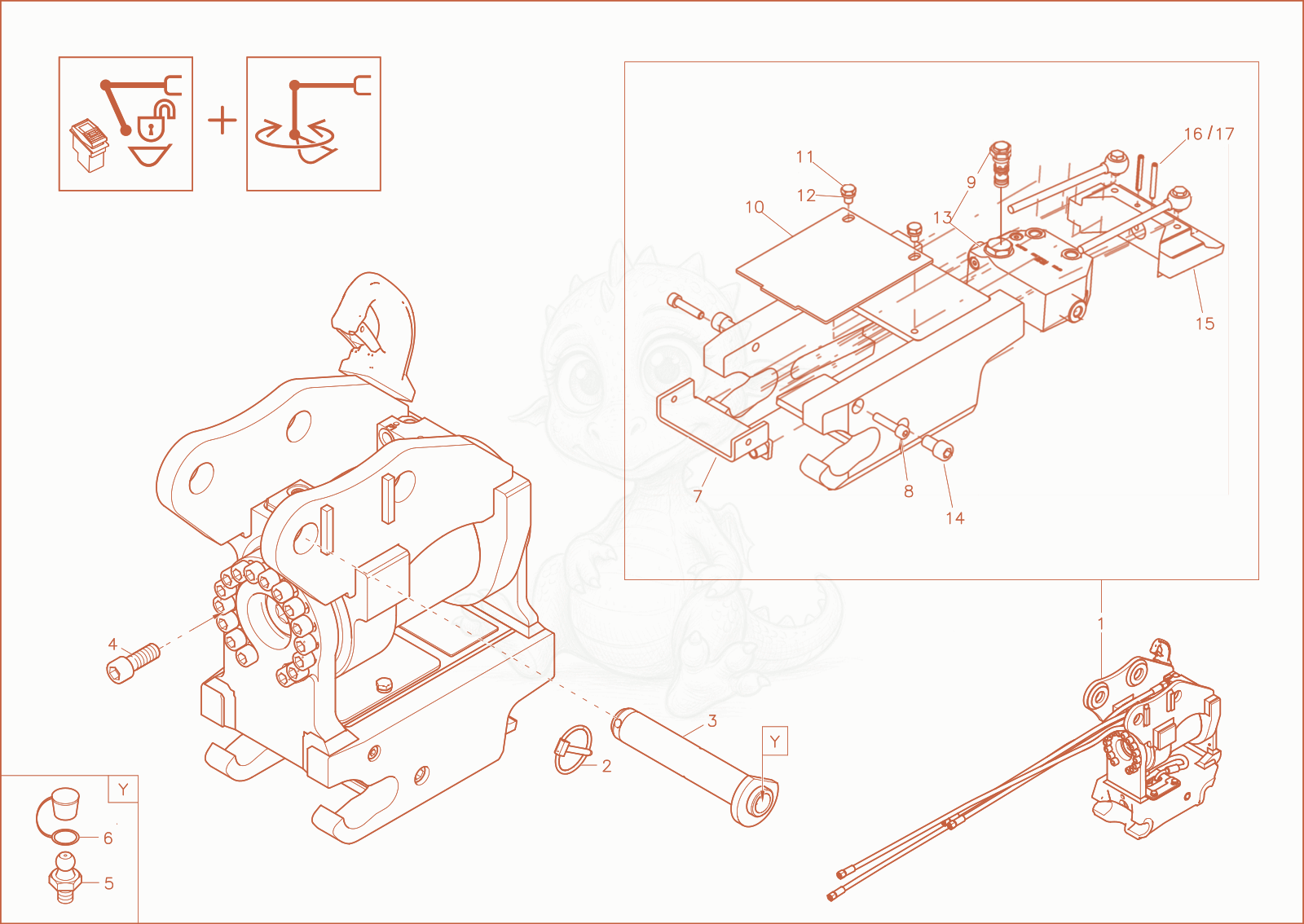 Exploded parts diagram of the quick hitch (option) of a Wacker Neuson ET18, with numbered balloons