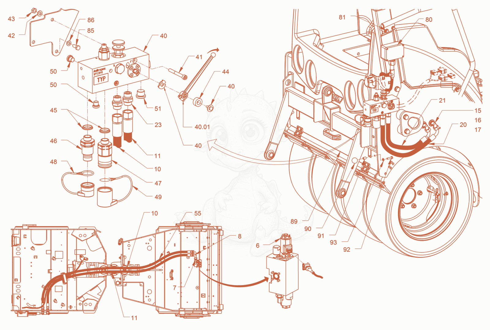 Exploded parts diagram of the hydraulic system (chip spreader) of a Wacker Neuson RD27-120O, with numbered balloons