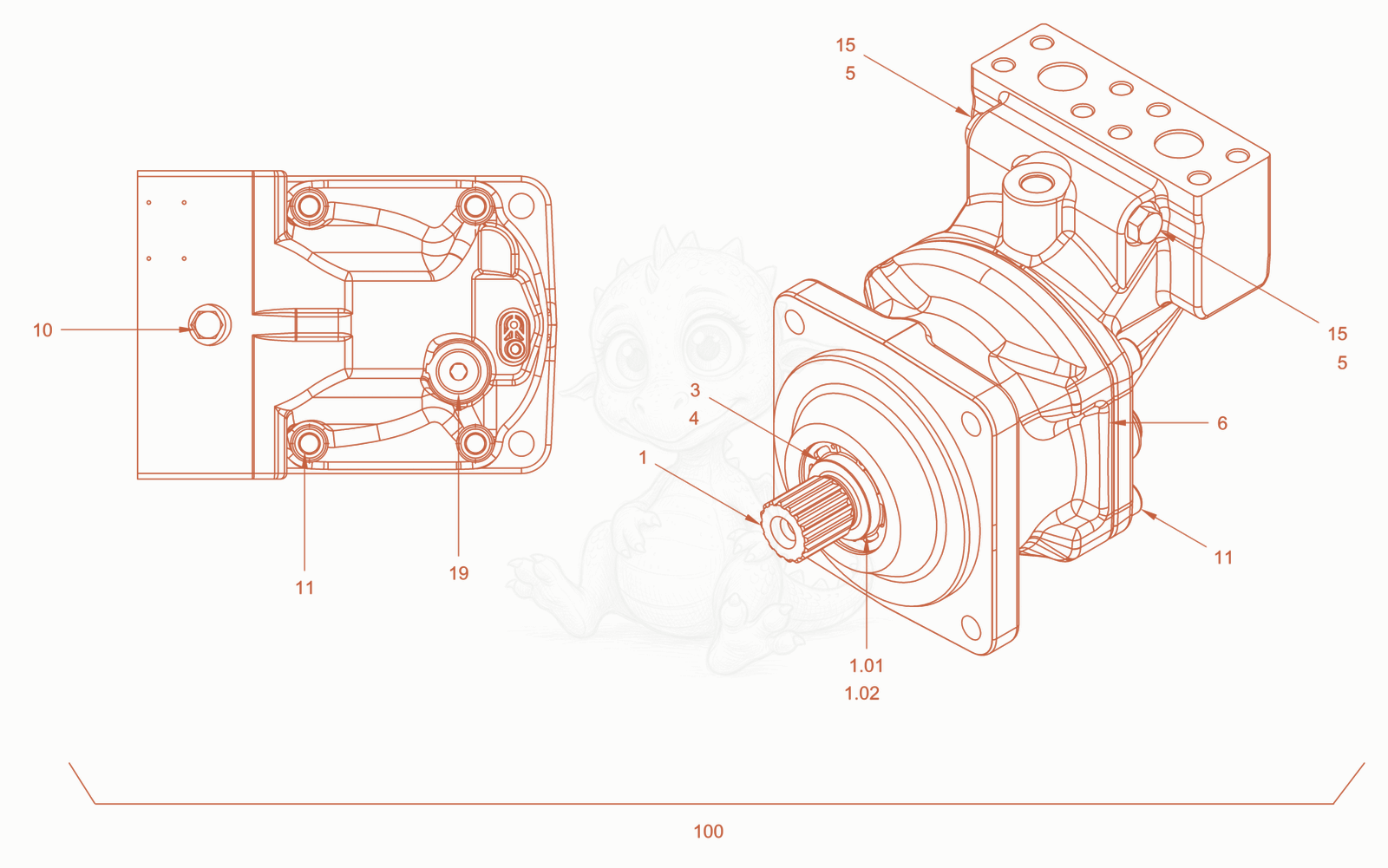 Exploded parts diagram of the constant motor (vibration drive) of a Wacker Neuson RC110ROPS, with numbered balloons