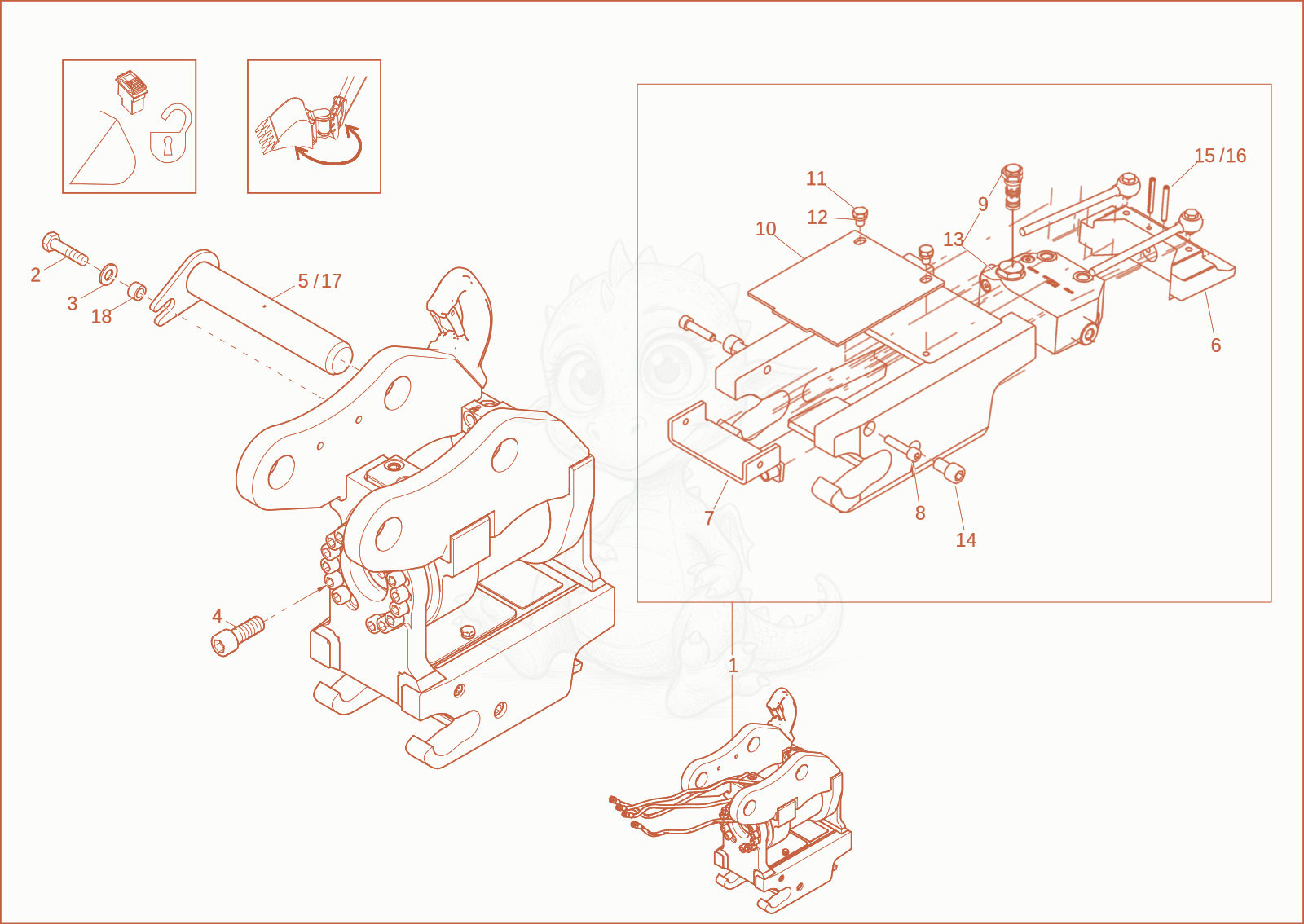 Despiece del quick hitch (option) de una máquina Wacker Neuson EZ26, con globos numerados