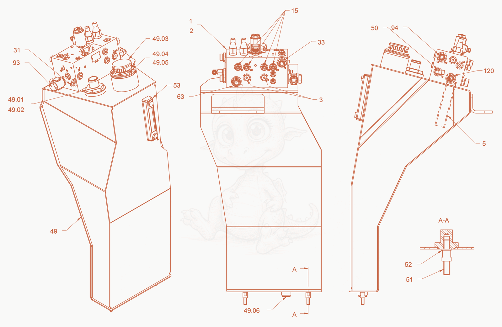 Exploded parts diagram of the oil tank of a Wacker Neuson RD45-140, with numbered balloons