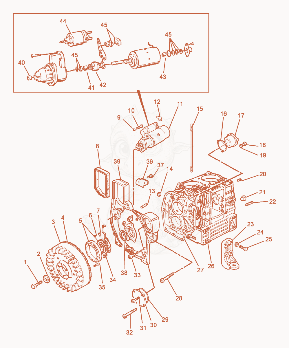 Exploded parts diagram of the Engine Block/Alternator/Starter of a Wacker Neuson RT820, with numbered balloons