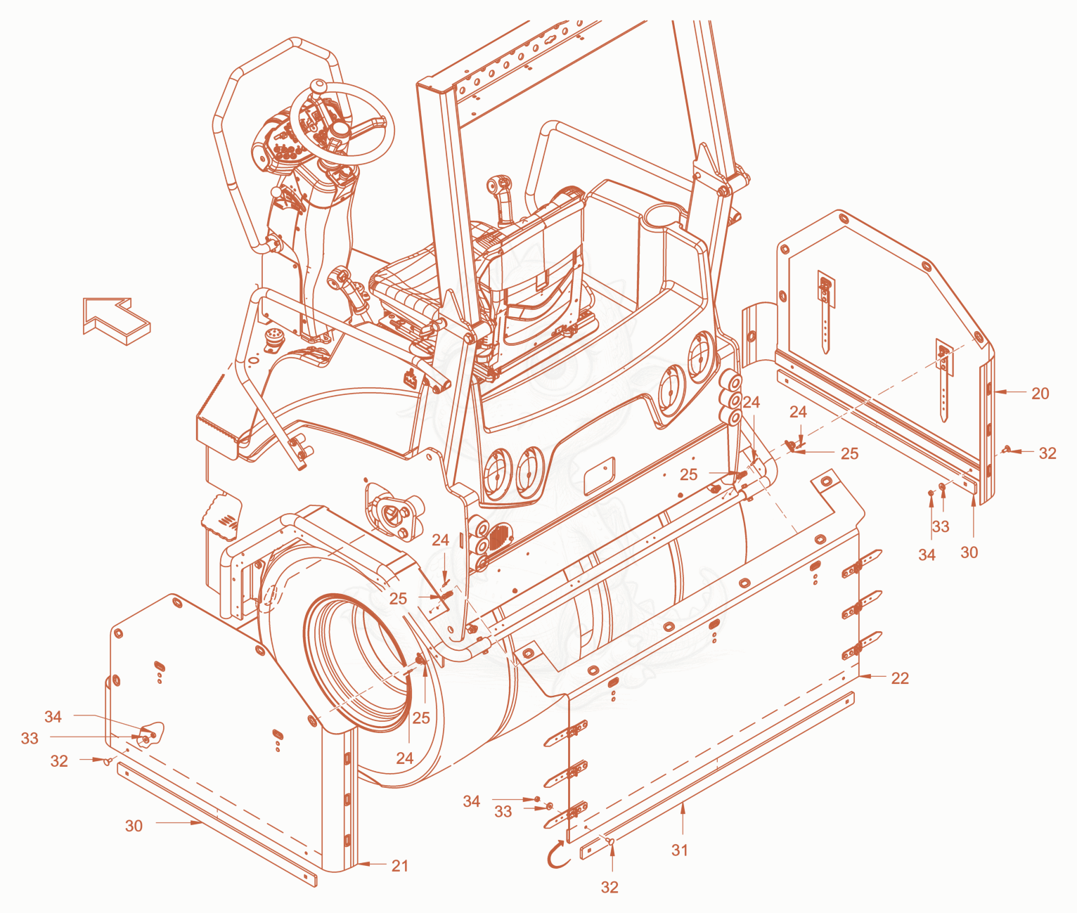 Exploded parts diagram of the thermal aprons of a Wacker Neuson RD45-140, with numbered balloons