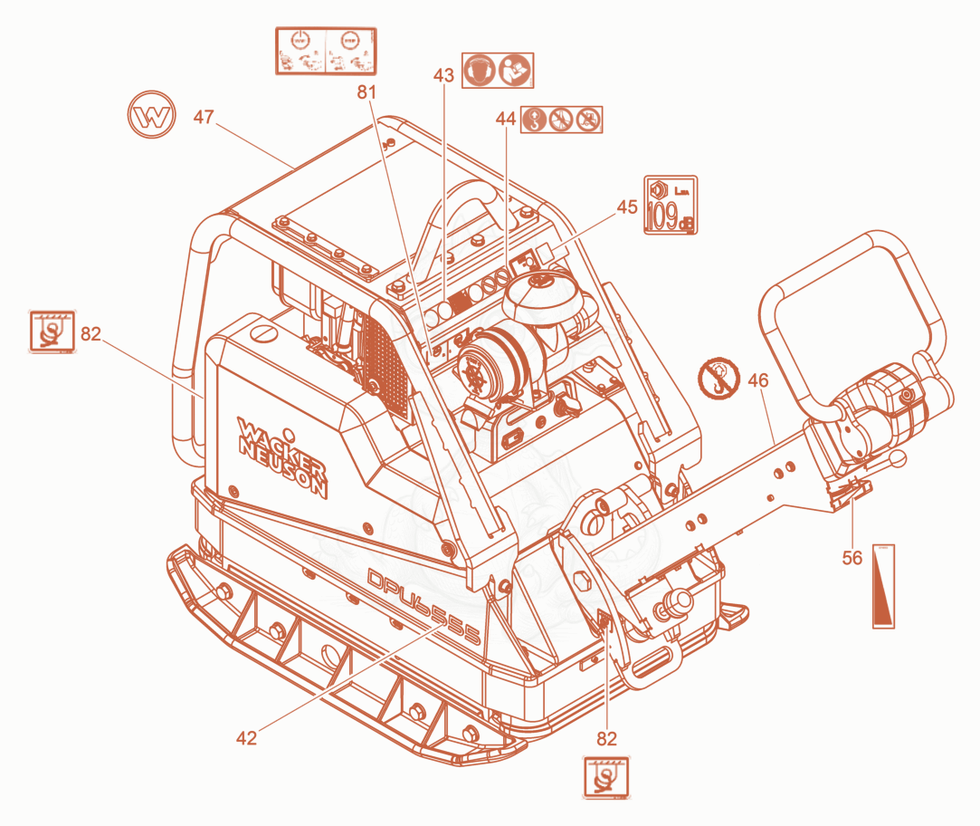 Exploded parts diagram of the Labels of a Wacker Neuson DPU6555HECHZF, with numbered balloons