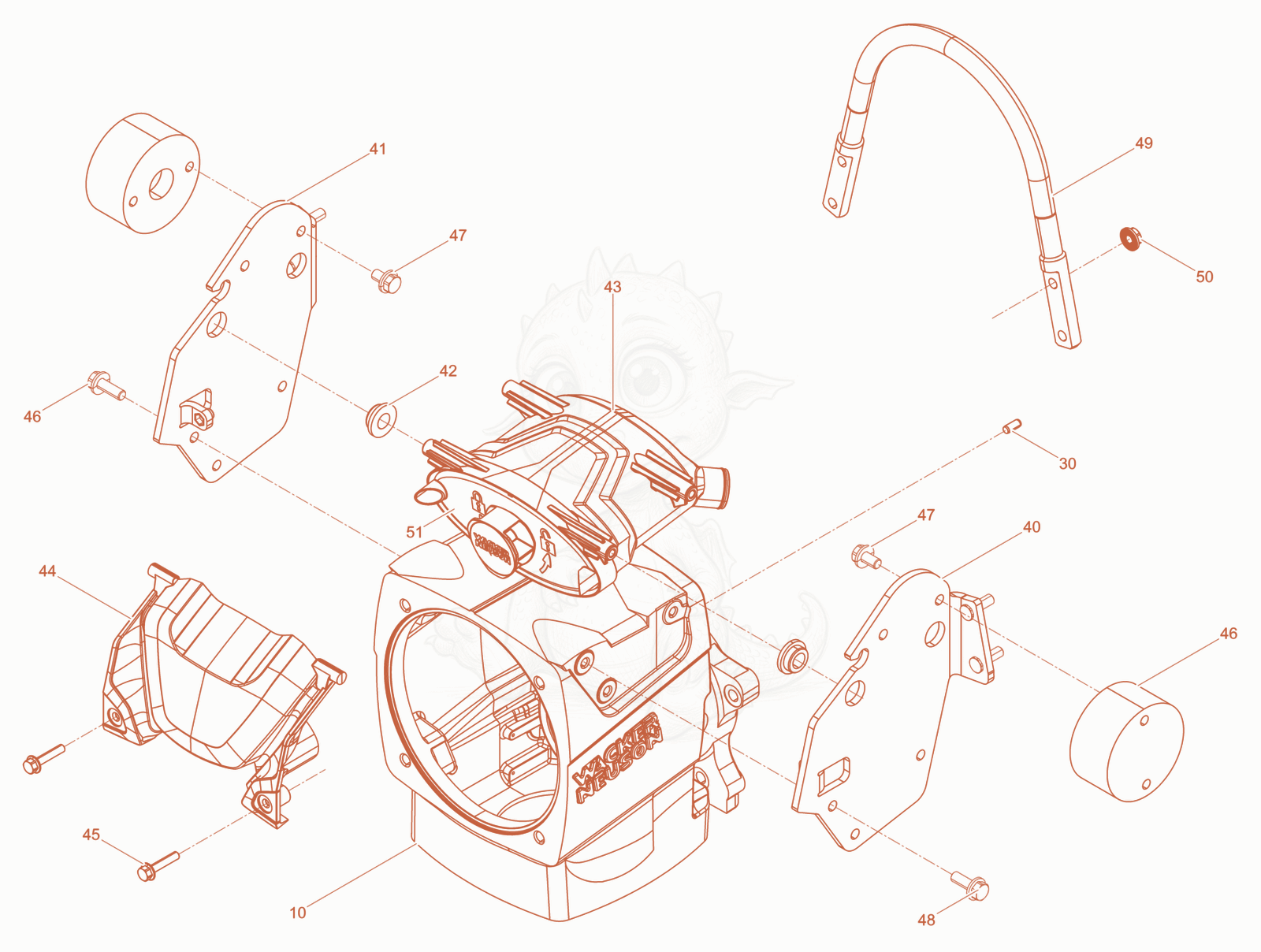 Exploded parts diagram of the Crankcase Honda GXR120 of a Wacker Neuson KMAT, with numbered balloons