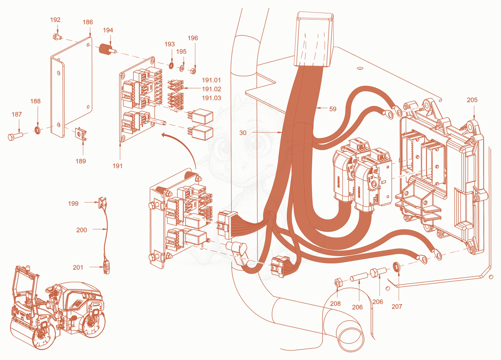 Exploded parts diagram of the Electrical system of a Wacker Neuson RD45-140C, with numbered balloons