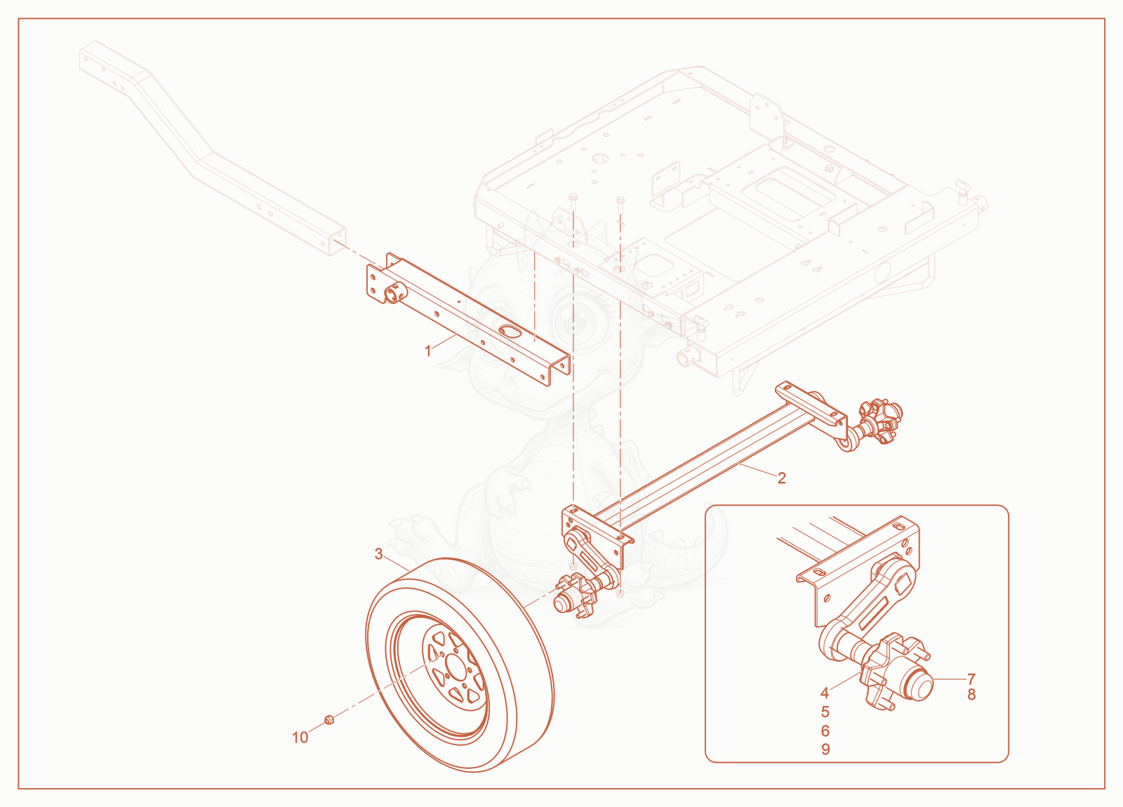 Exploded parts diagram of the Trailer Frame with No Brakes of a Wacker Neuson LTV4L, with numbered balloons
