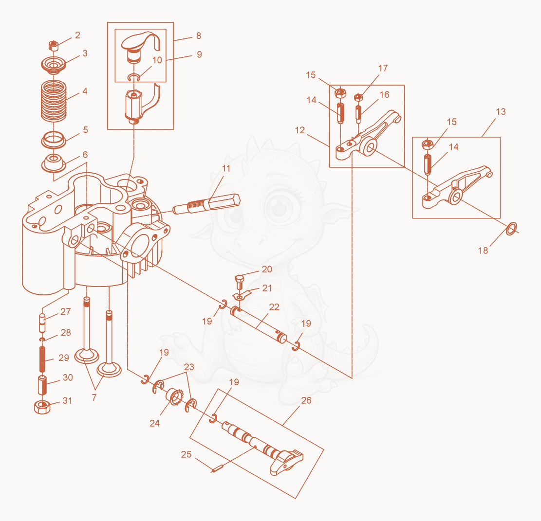 Exploded parts diagram of the Cylinder head of a Wacker Neuson DPS3060, with numbered balloons