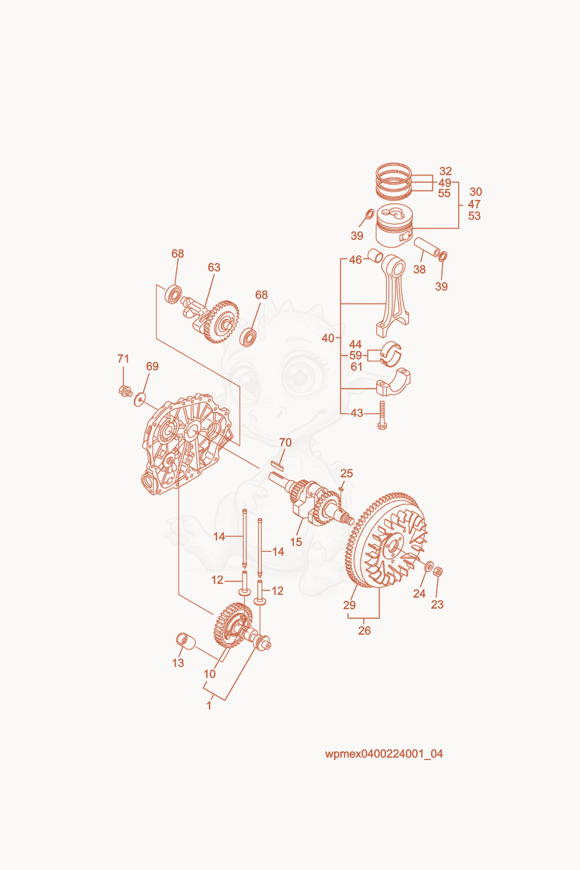 Exploded parts diagram of the Piston/Crankshaft of a Wacker Neuson VP2050Y, with numbered balloons