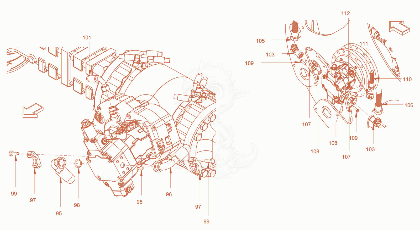 Exploded parts diagram of the advance drive of a Wacker Neuson RC110USROPS, with numbered balloons