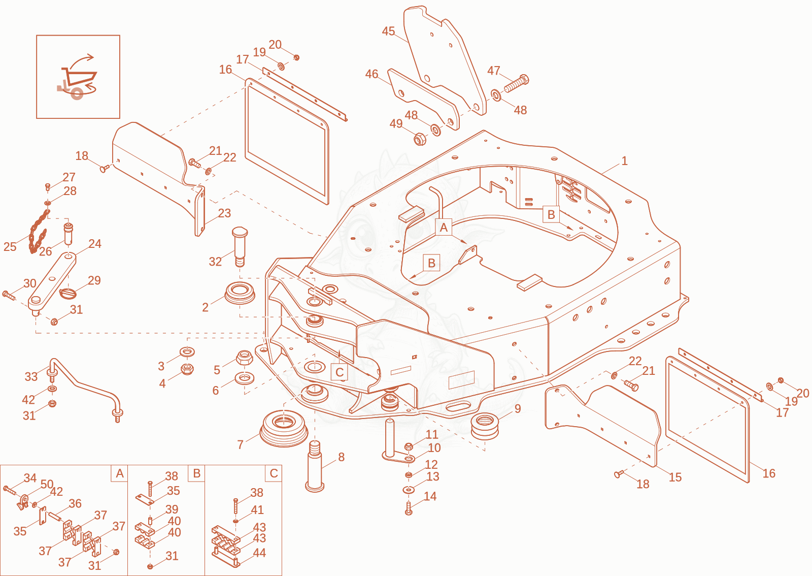 Exploded parts diagram of the front frame (option) of a Wacker Neuson DW20-2, with numbered balloons