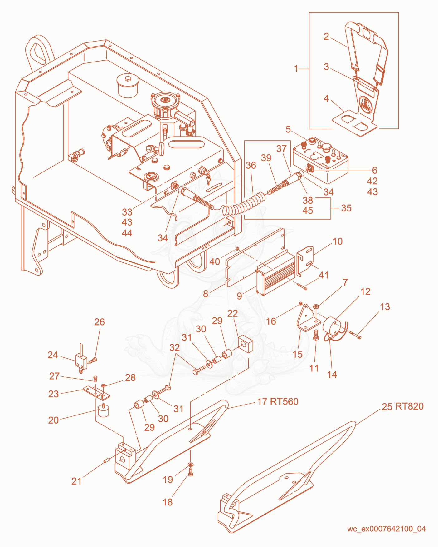 Exploded parts diagram of the Safety Bar/Control Box of a Wacker Neuson RT820HT, with numbered balloons