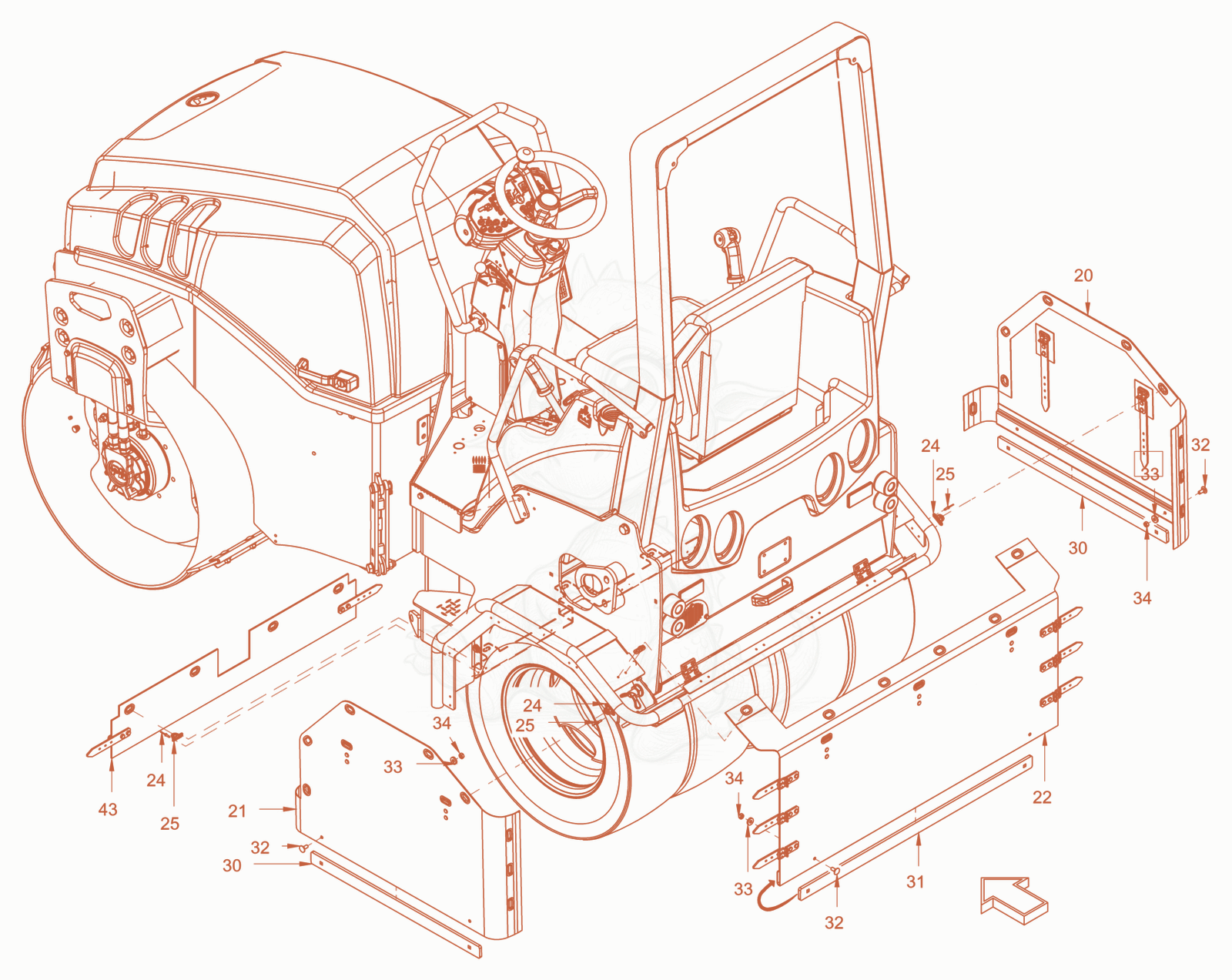 Exploded parts diagram of the thermal aprons of a Wacker Neuson RD24-100C, with numbered balloons