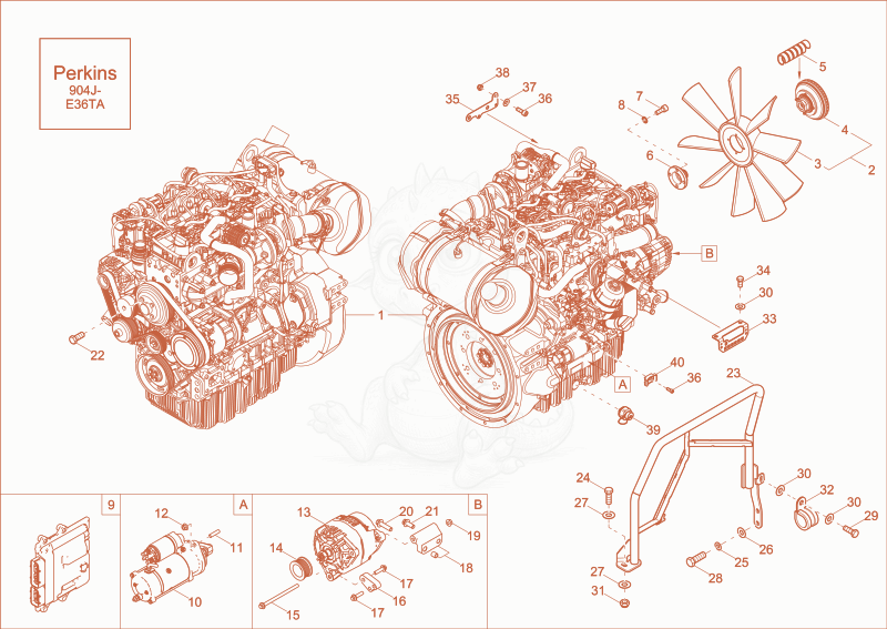 Despiece del diesel engine (Option) de una máquina Wacker Neuson EW100, con globos numerados
