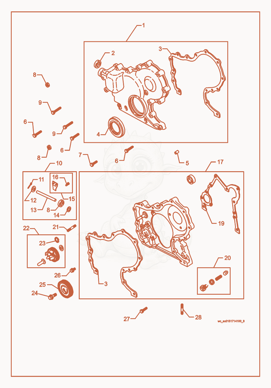 Exploded parts diagram of the Front Cover/Housing of a Wacker Neuson CRT48-31V, with numbered balloons