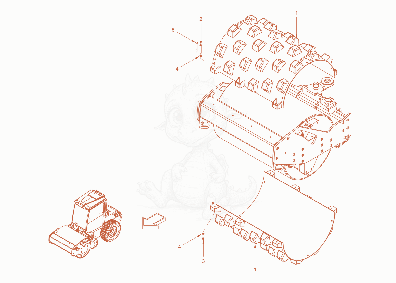 Exploded parts diagram of the padfoot segments of a Wacker Neuson RC50PDPFCAB, with numbered balloons