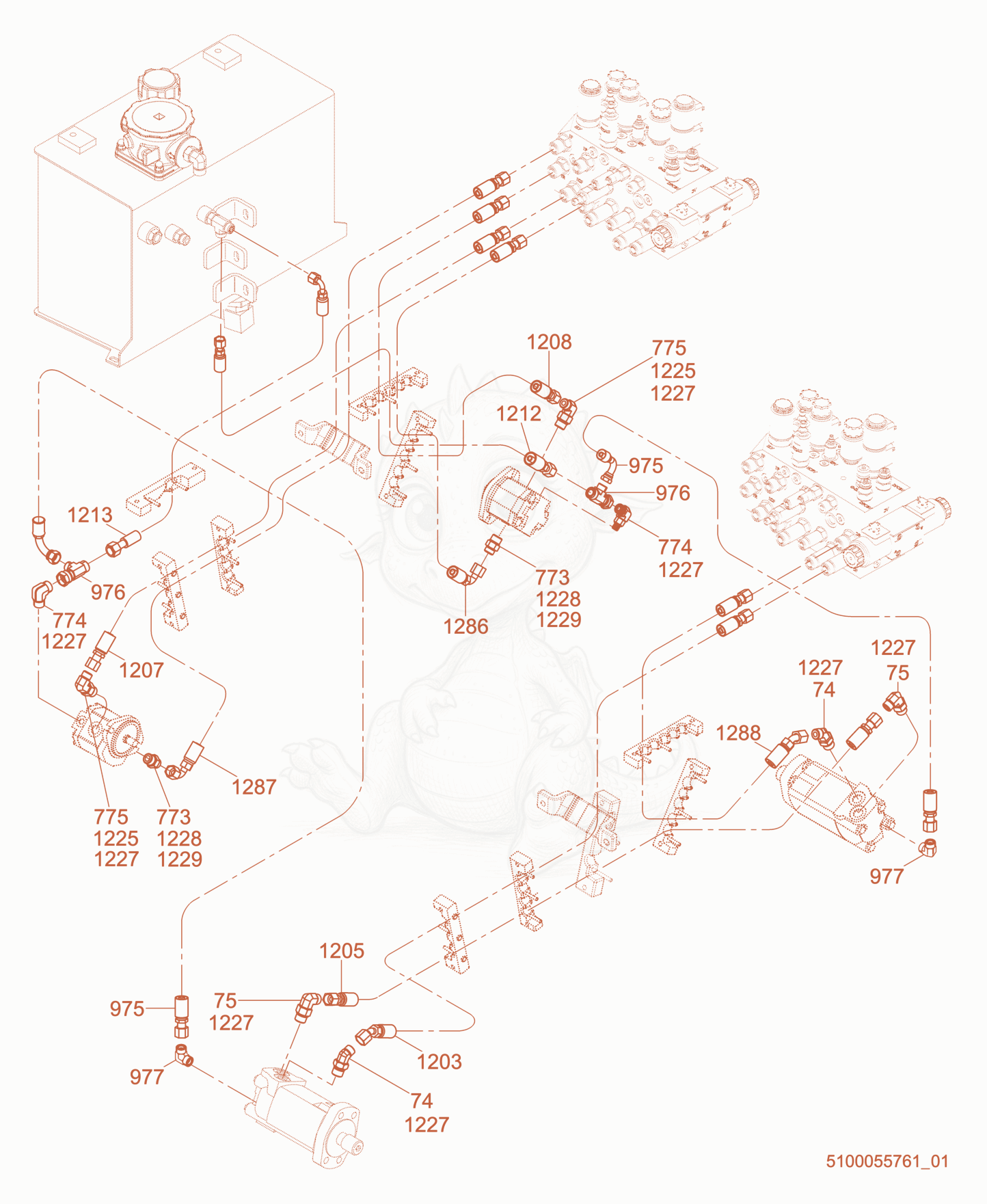 Exploded parts diagram of the Hydraulic Piping of a Wacker Neuson RTKX-SC3, with numbered balloons