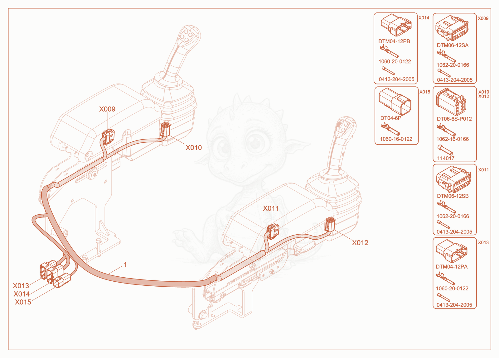 Despiece del Wiring Harness EH Controls de una máquina Wacker Neuson ST28(S05-5), con globos numerados