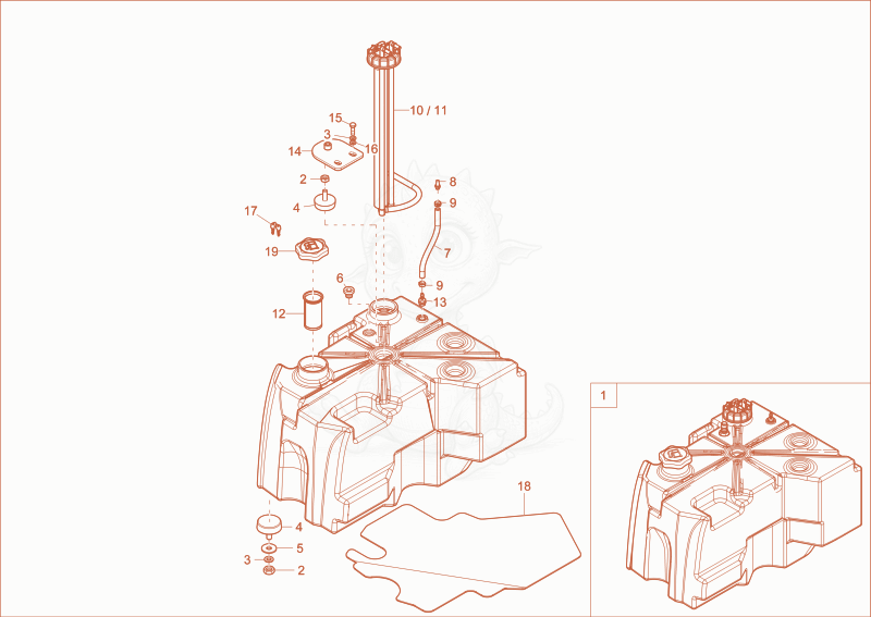 Exploded parts diagram of the fuel tank of a Wacker Neuson ET65, with numbered balloons
