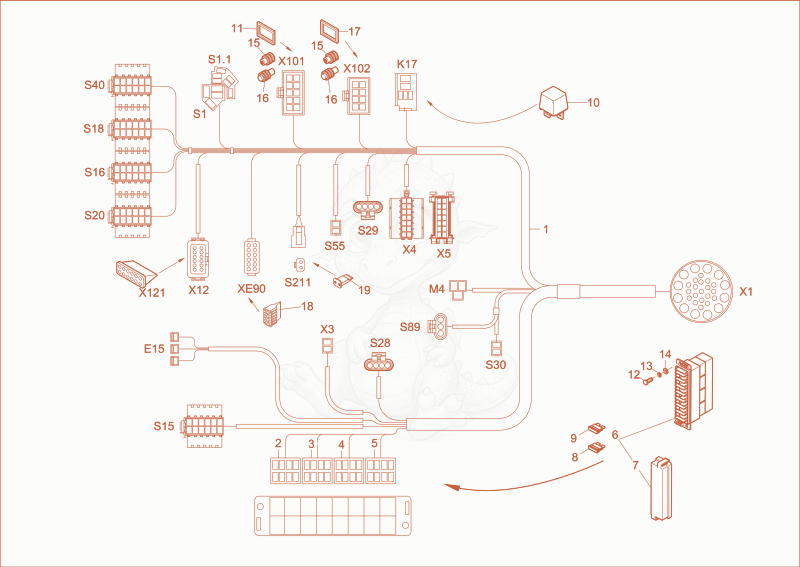 Exploded parts diagram of the wiring harness seat console of a Wacker Neuson 1404, with numbered balloons