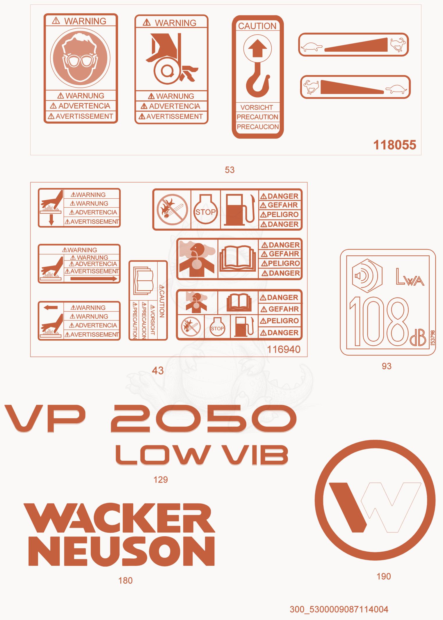 Exploded parts diagram of the Labels of a Wacker Neuson VP2050A, with numbered balloons