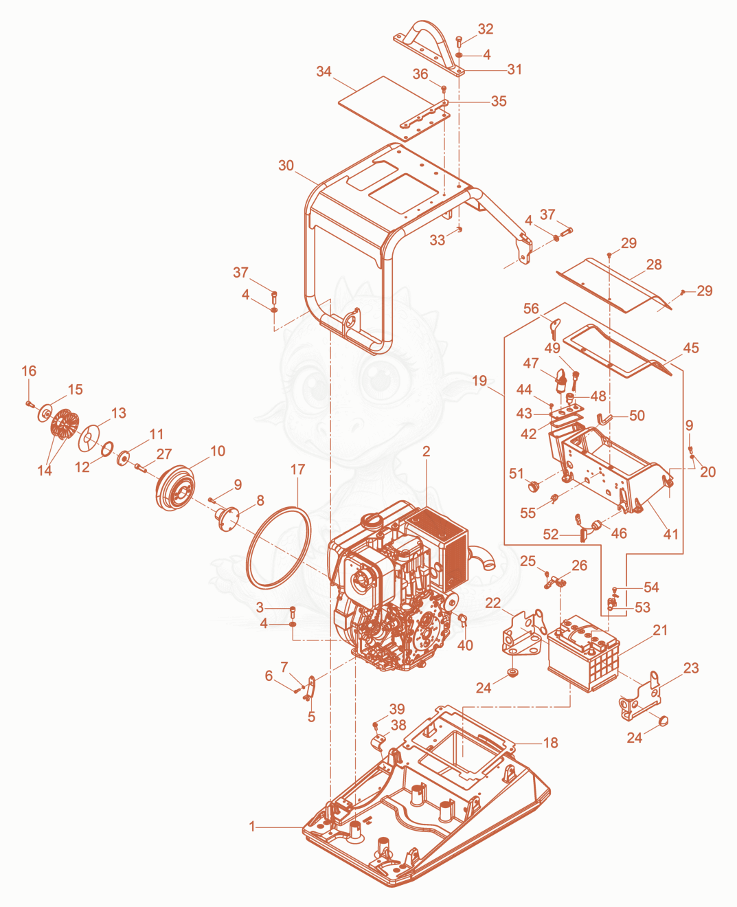 Exploded parts diagram of the Upper mass of a Wacker Neuson DPU6555HE, with numbered balloons