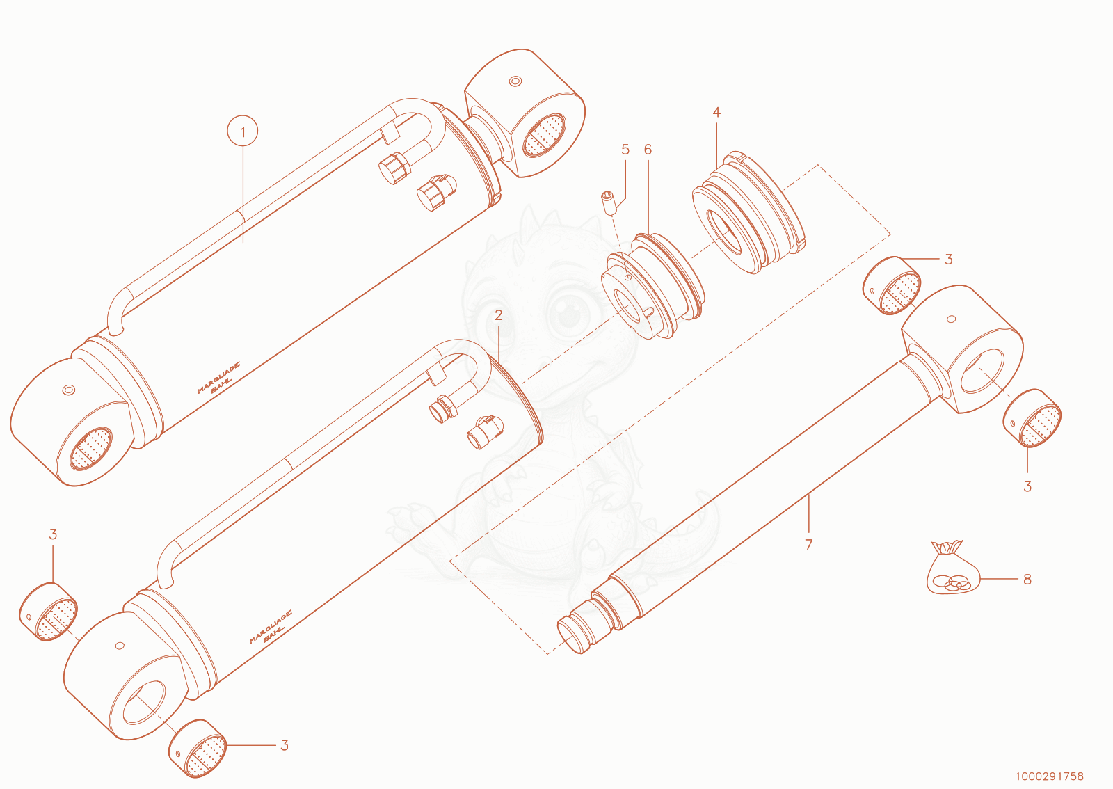 Exploded parts diagram of the regulation ram of a Wacker Neuson TH744(416-02), with numbered balloons