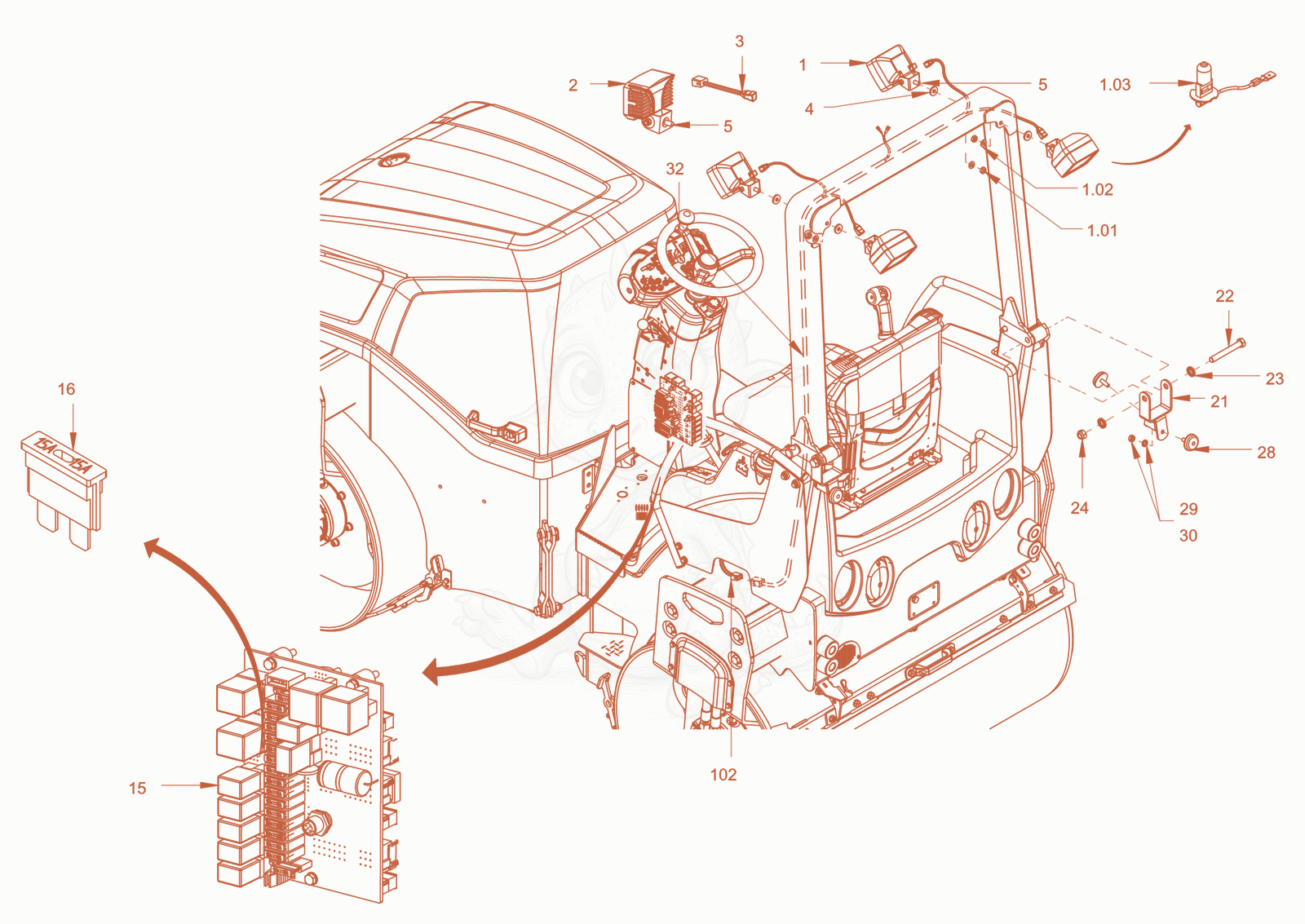 Exploded parts diagram of the additional lighting of a Wacker Neuson RD45-140C, with numbered balloons