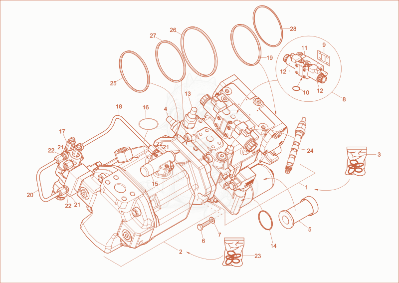 Exploded parts diagram of the HYDRAULIC PUMP PART 2 of a Wacker Neuson EW100, with numbered balloons