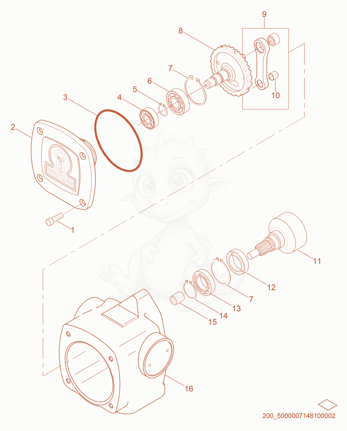 Despiece del Crankcase cpl. de una máquina Wacker Neuson BS52Y, con globos numerados
