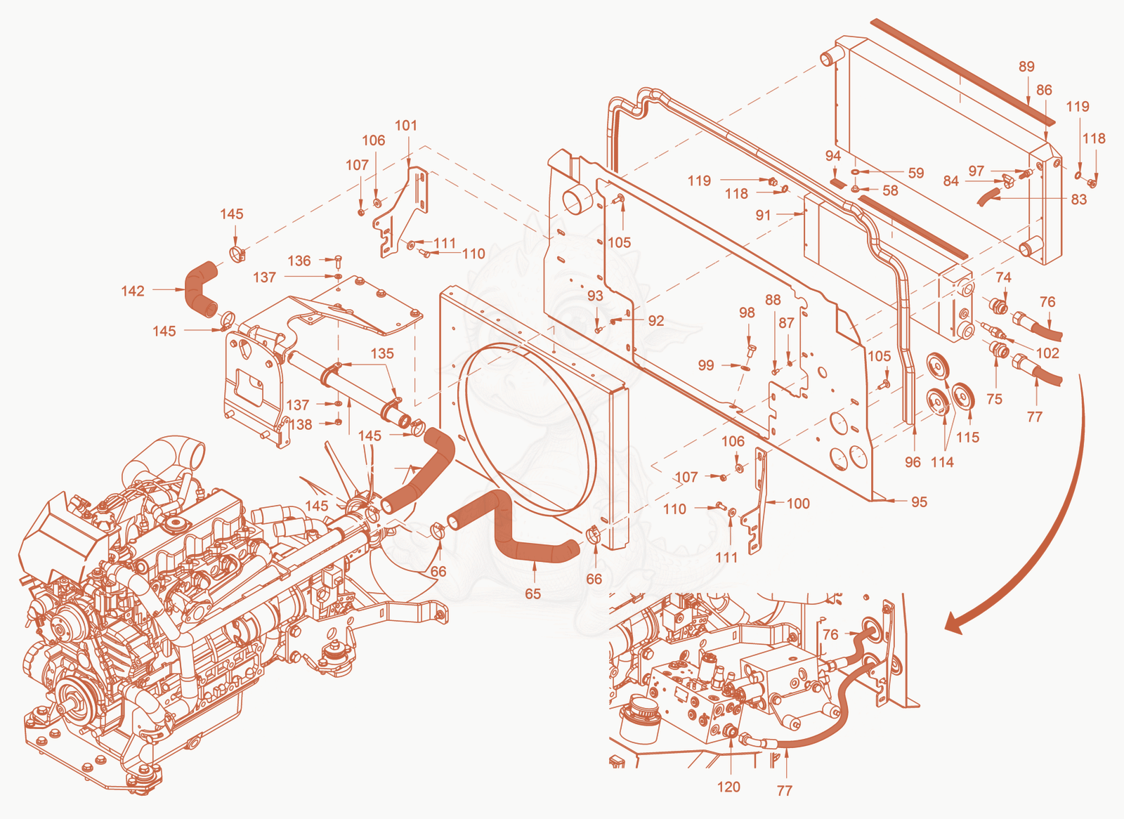 Exploded parts diagram of the cooling of a Wacker Neuson RD45-140, with numbered balloons