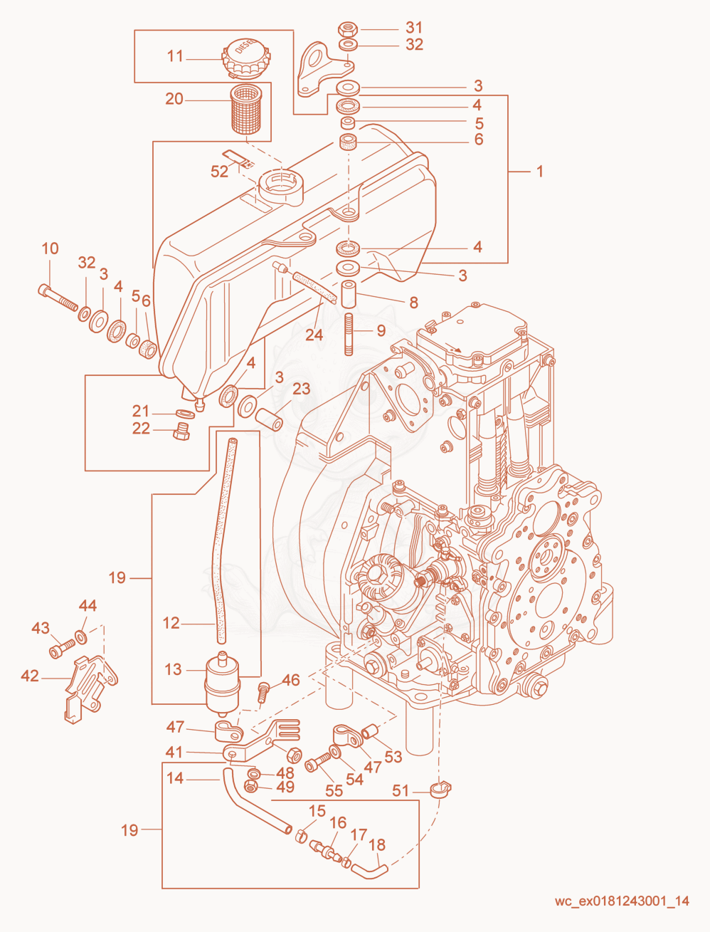 Exploded parts diagram of the Fuel Tank cpl. of a Wacker Neuson RD7H-SEU, with numbered balloons