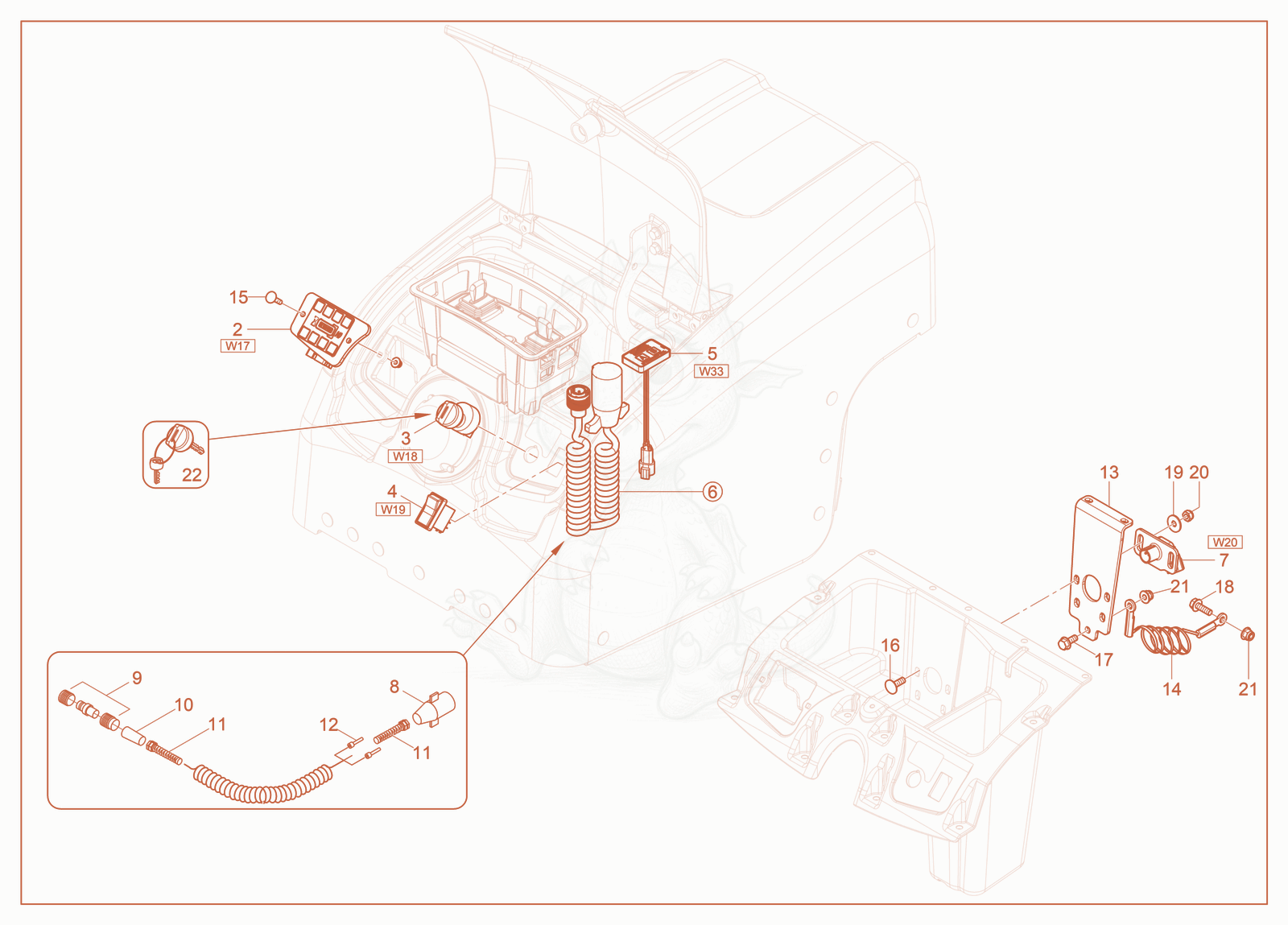Exploded parts diagram of the Rear Section/Controls of a Wacker Neuson RTLX-SC3, with numbered balloons