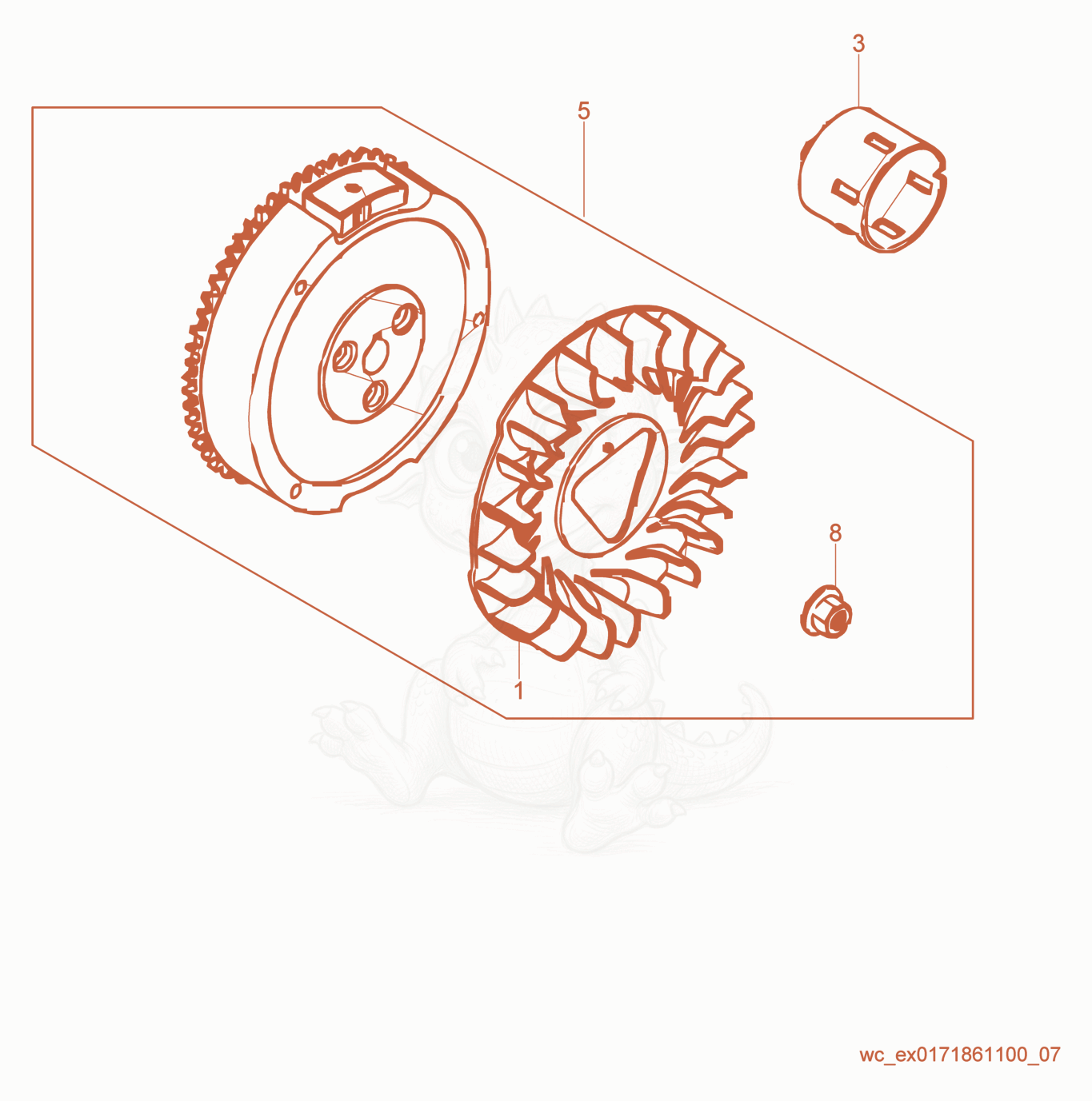 Exploded parts diagram of the Flywheel of a Wacker Neuson GV3800A, with numbered balloons