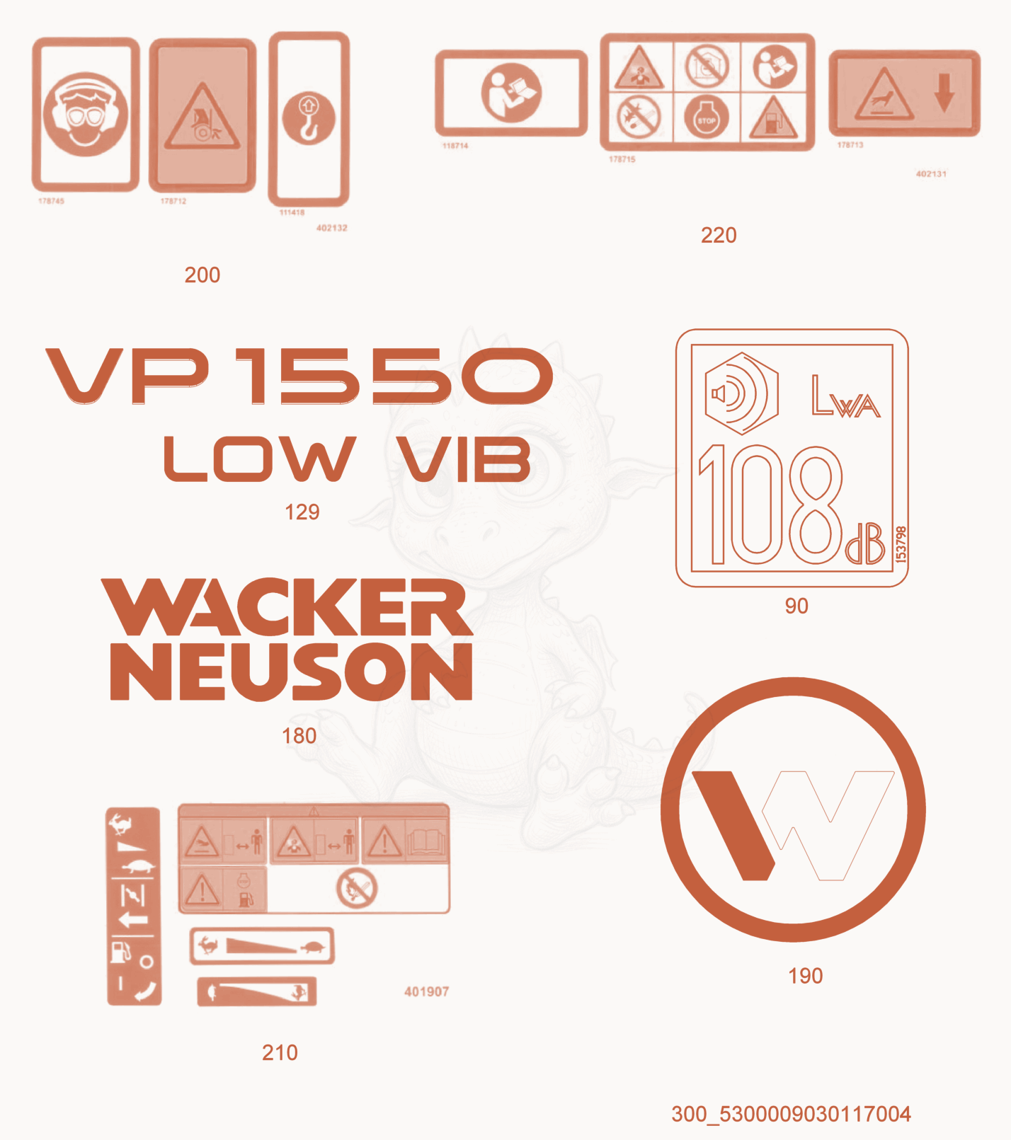 Exploded parts diagram of the Labels of a Wacker Neuson VP1550RW, with numbered balloons