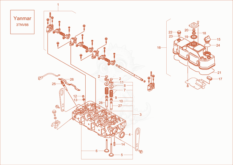 Despiece del CYLINDER HEAD, VALVE COVER option de una máquina Wacker Neuson DW30, con globos numerados