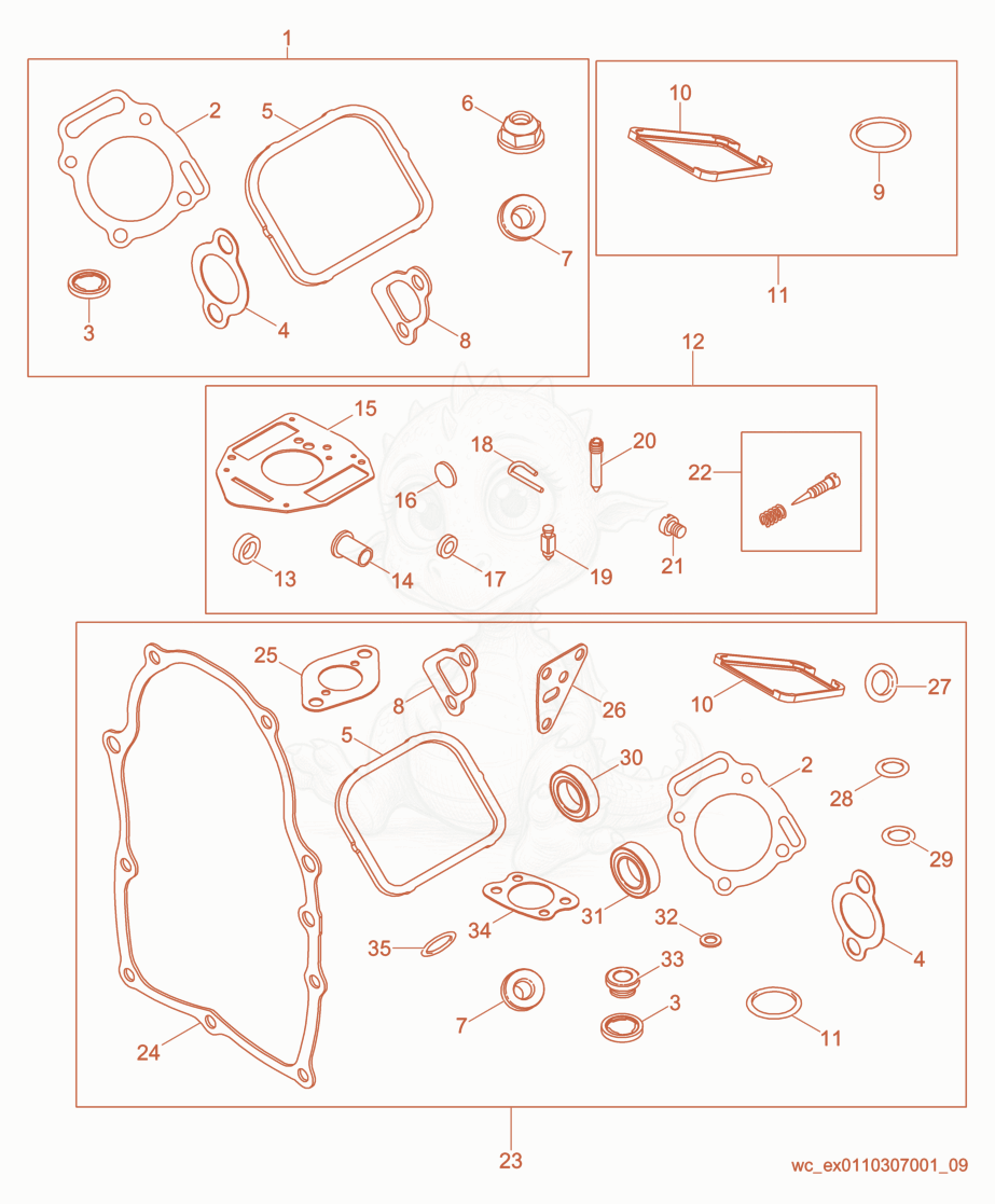 Exploded parts diagram of the Engine Gasket/Repair Kits of a Wacker Neuson RD880V, with numbered balloons