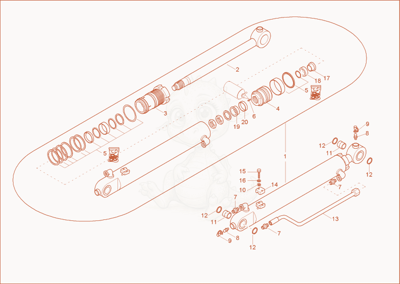 Exploded parts diagram of the dipper arm cylinder of a Wacker Neuson 5002RD, with numbered balloons