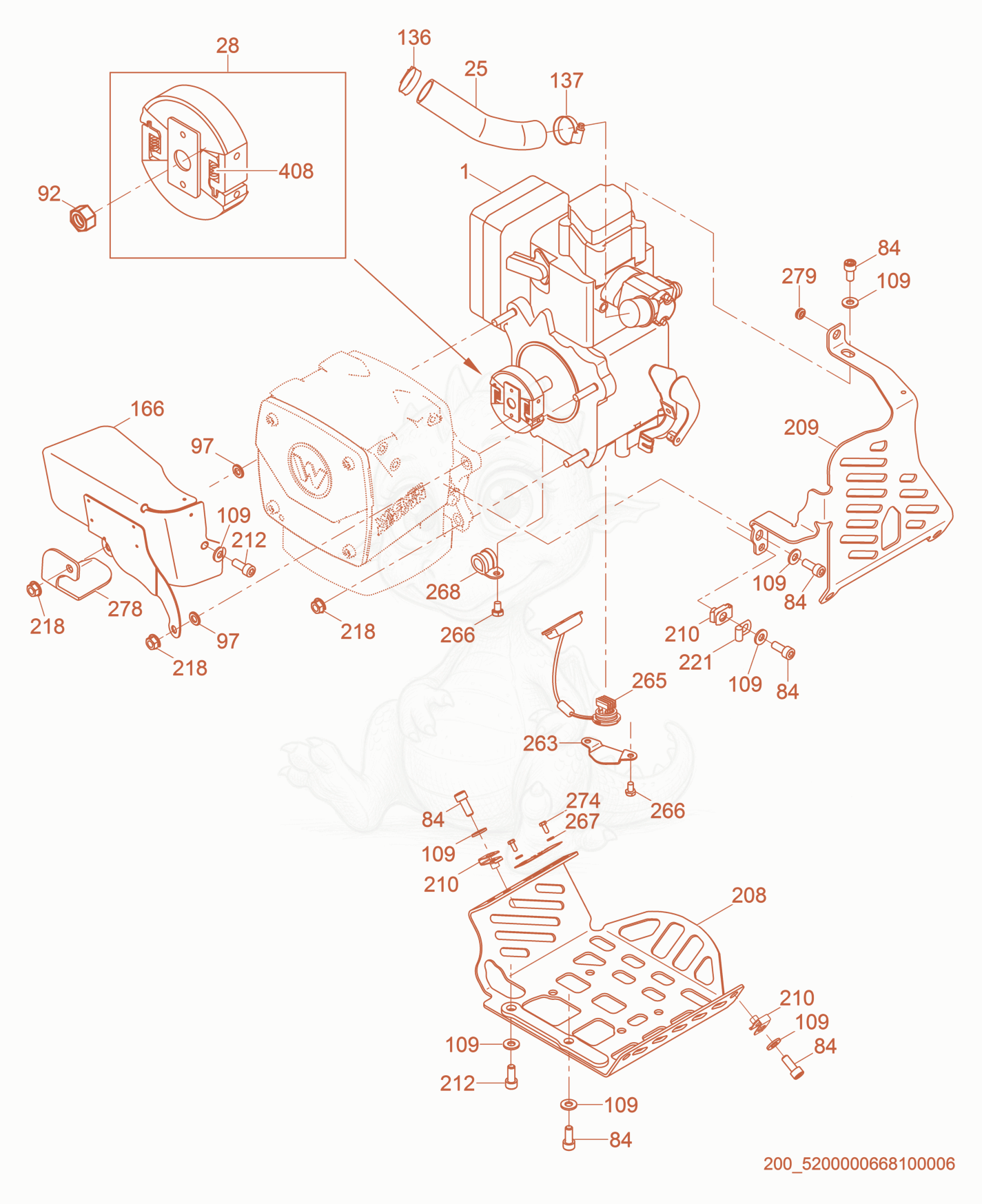 Exploded parts diagram of the Engine Guarding of a Wacker Neuson BS60-4S, with numbered balloons