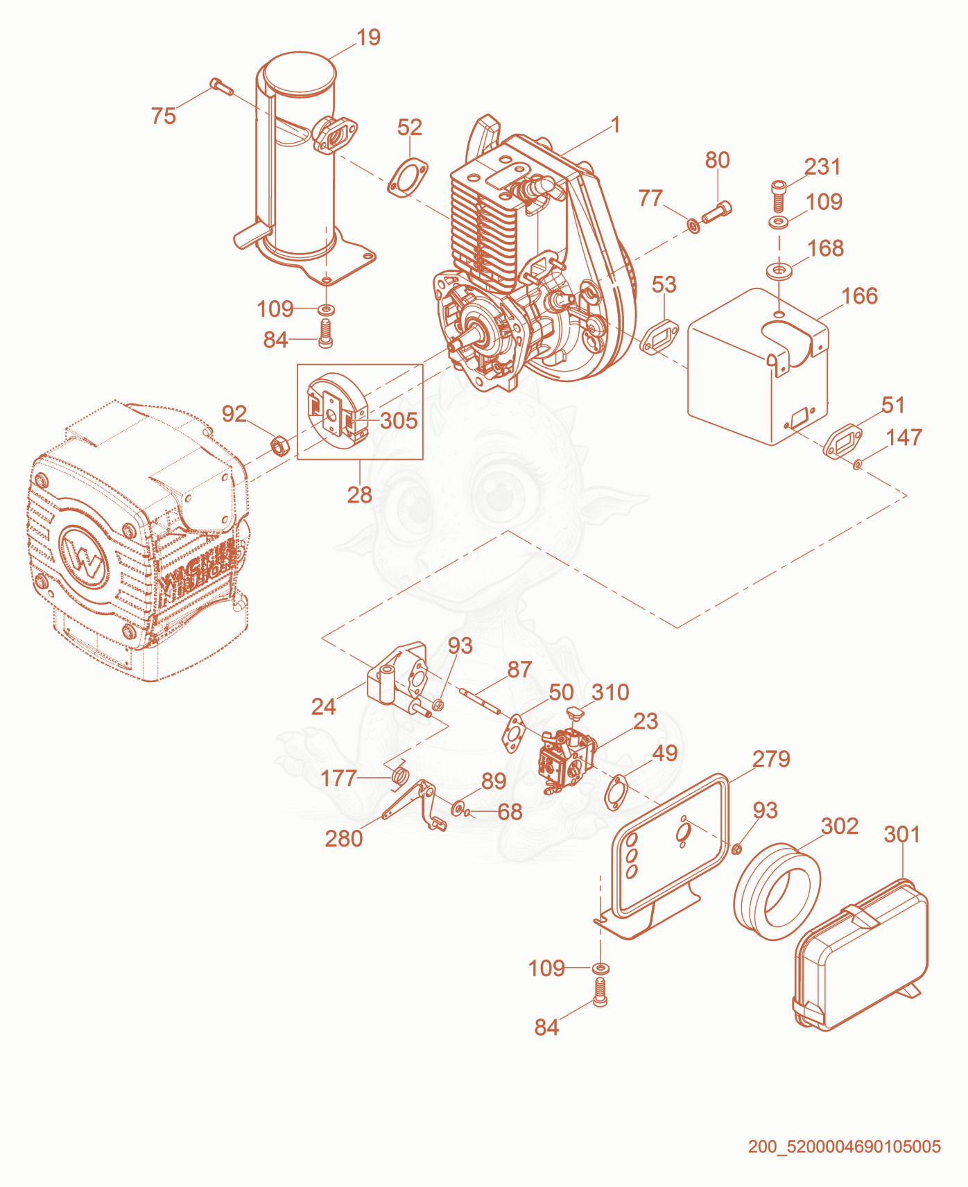 Exploded parts diagram of the Engine cpl. of a Wacker Neuson MS62, with numbered balloons