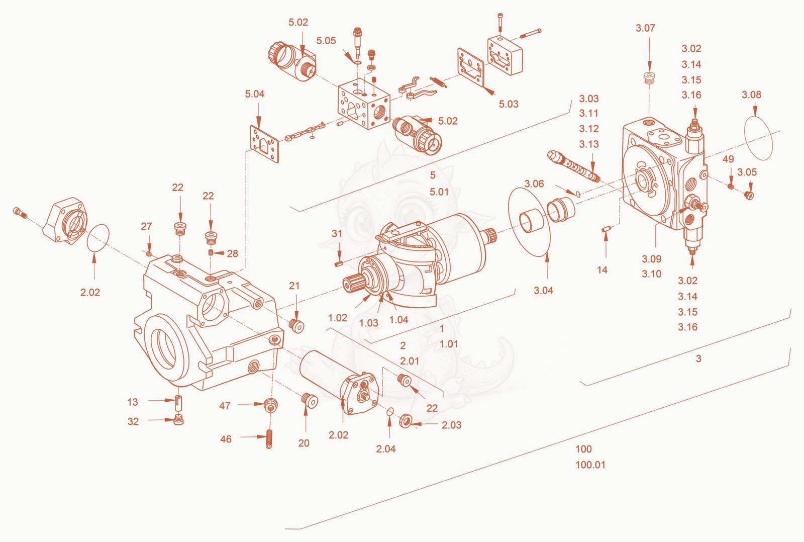 Exploded parts diagram of the variable displac. pump (drive) of a Wacker Neuson RC110P, with numbered balloons