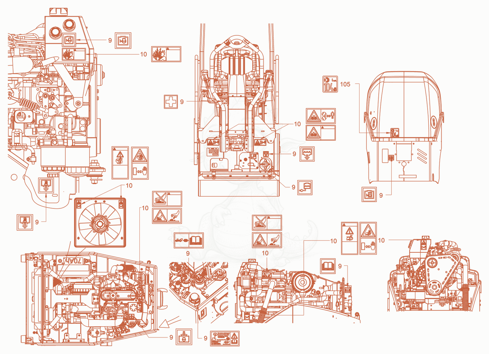 Exploded parts diagram of the sticker arrangement of a Wacker Neuson RD18-100C3, with numbered balloons