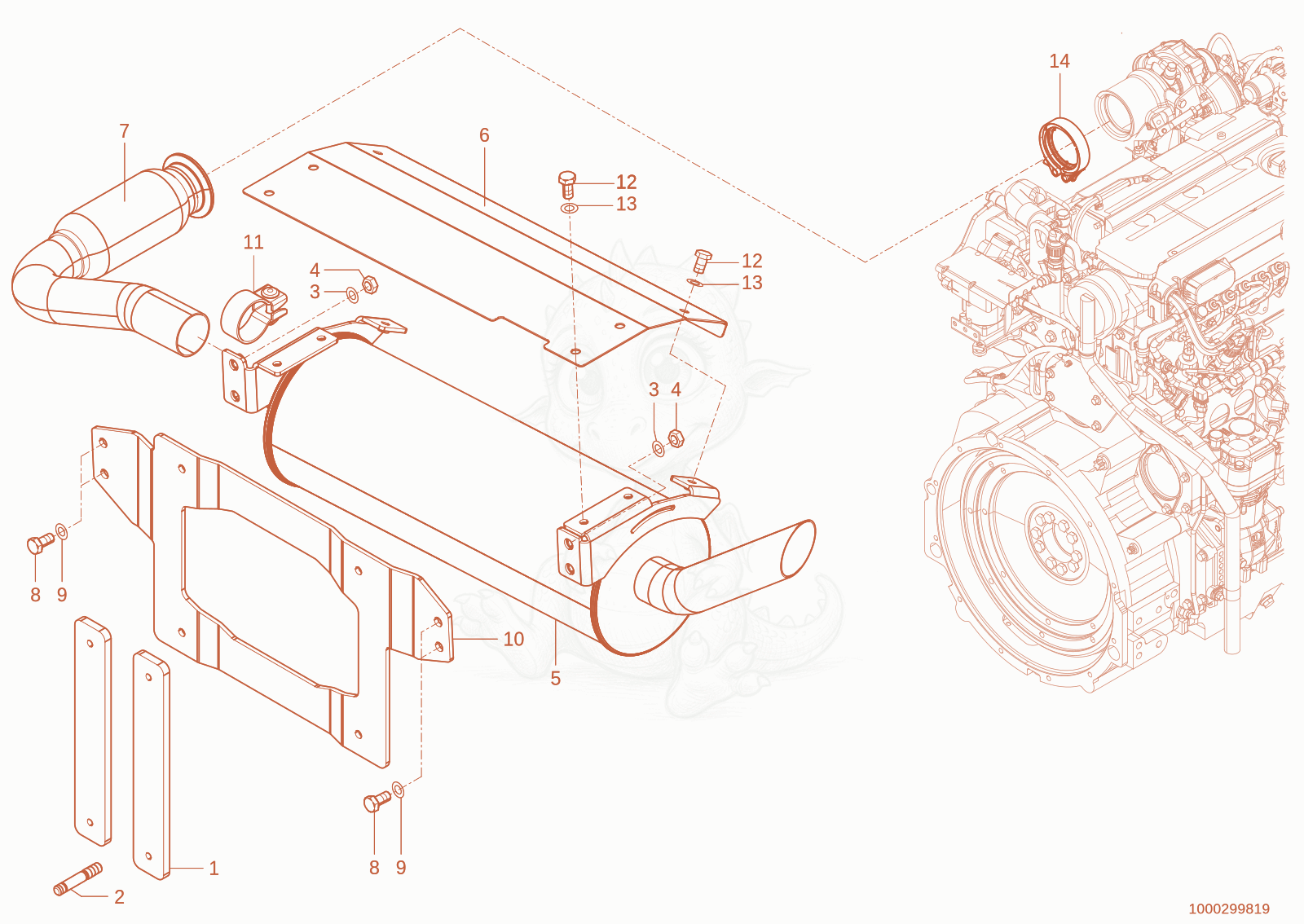 Despiece del exhaust system de una máquina Wacker Neuson TH755(416-04), con globos numerados