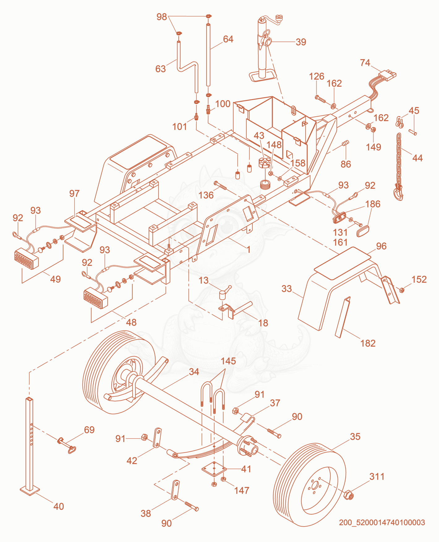 Exploded parts diagram of the Trailer cpl. of a Wacker Neuson PT6LT(I), with numbered balloons