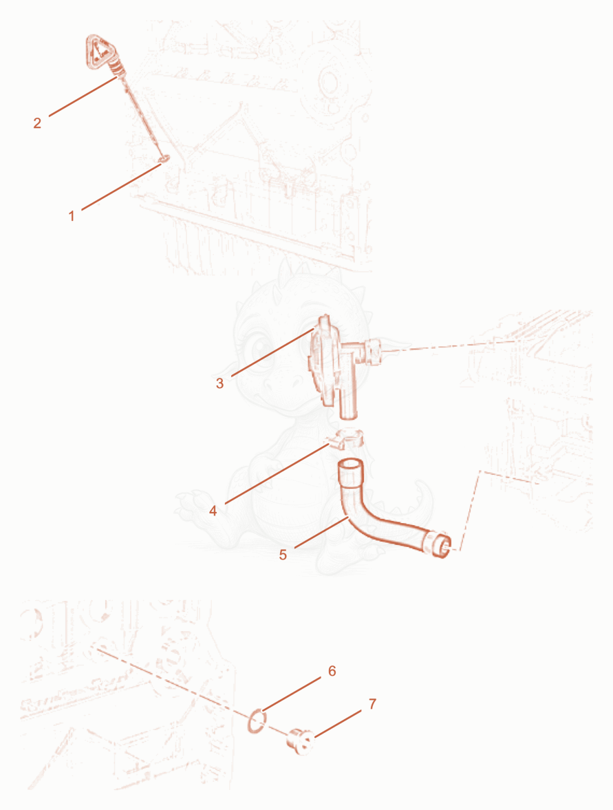 Exploded parts diagram of the DIPSTICK AND BREATHER SYSTEM AND COOLE of a Wacker Neuson PT6LT, with numbered balloons
