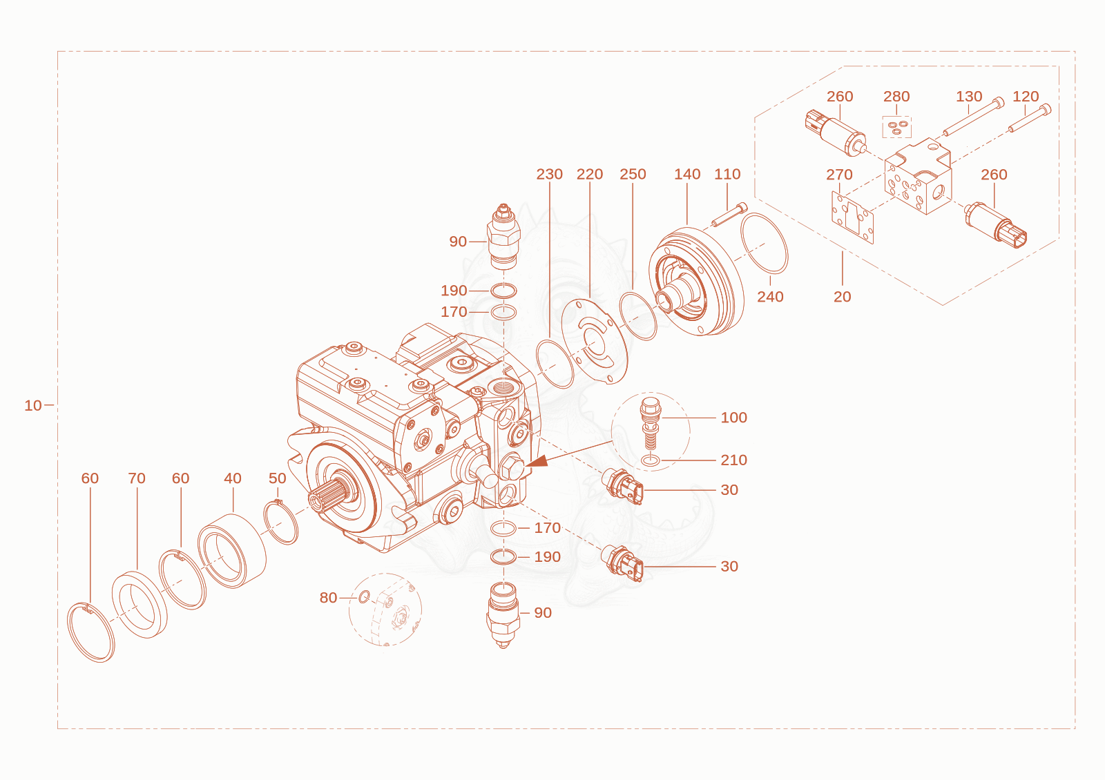 Exploded parts diagram of the displacement pump of a Wacker Neuson TH412(T01-01), with numbered balloons