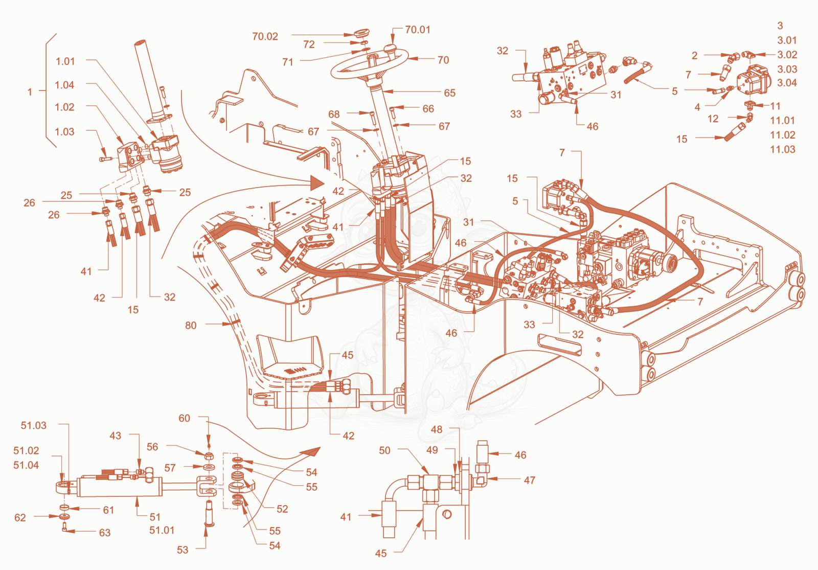 Exploded parts diagram of the Steering of a Wacker Neuson RD45-140, with numbered balloons