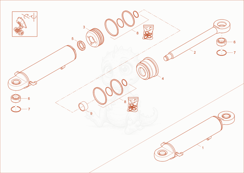 Exploded parts diagram of the boom offset cylinder of a Wacker Neuson DV90, with numbered balloons