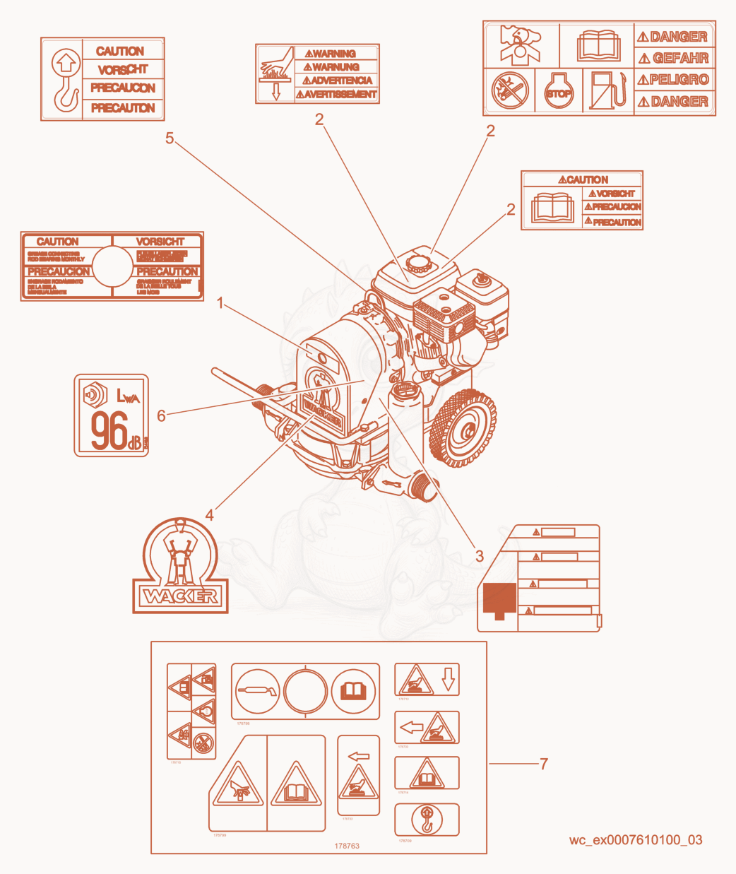 Exploded parts diagram of the Labels of a Wacker Neuson PDT3, with numbered balloons